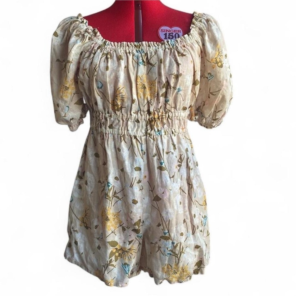 Spartina 449 Cream Floral Linen Short Sleeve Romper Elastic Waist size small